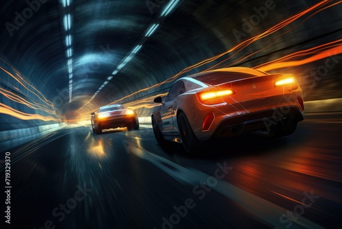 High speed Cars on the road in tunnels and light glowing Speeding Through the Light: Futuristic Sport non-existent concept Ai generated