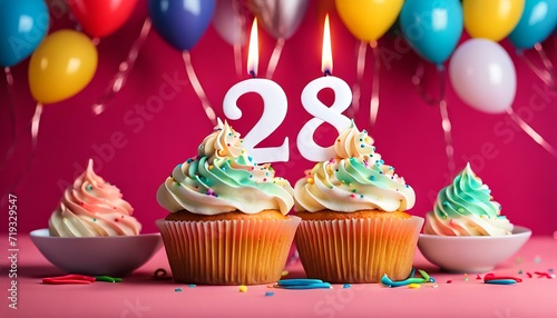 Birthday cupcake with burning lit candle with number 28. Number twentyeight for twentyeight years or twentyeighth anniversary.