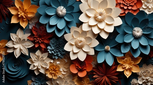 Colourful 3D flowers background. Valentines day. Trendy summertime flowers backdrop for interior design, greeting card, postcard, brochure, decor. Modern wedding pattern