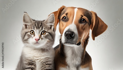 cute dog and cat together on white background