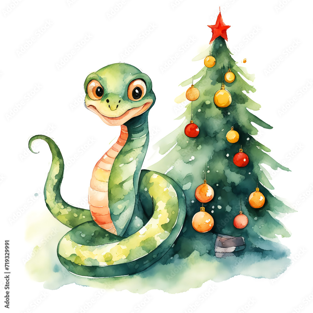 Fototapeta premium New year 2025, a symbol, a beautiful snake. winter holidays. watercolor illustration. artificial intelligence generator, AI, neural network image. background for the design.