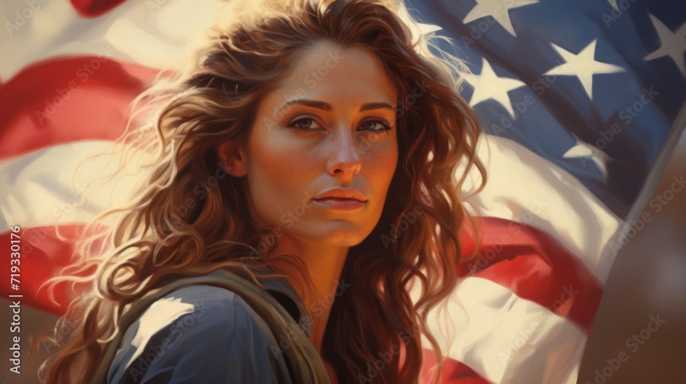 Beautiful young woman under USA flag. Woman standing and holding American flag. Neural network AI generated art Beautiful young woman under USA flag. Woman standing and holding American flag. Neural network AI generated art