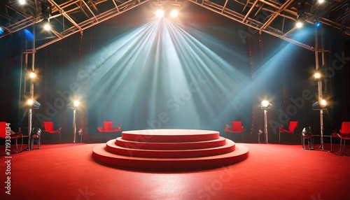 empty stage of the theater lit by spotlights before the performance red round podium on bright background © Leila