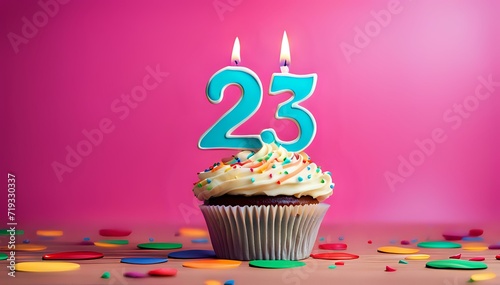 Birthday cupcake with burning lit candle with number 23. Number twentythree for twentythree years or twentythird anniversary. photo