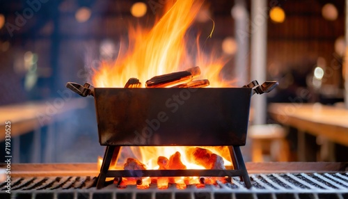 empty flaming charcoal grill with open fire ready for product placement