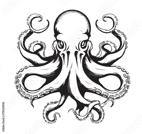 Octopus hand drawing vintage engraving illustration on white backgroud