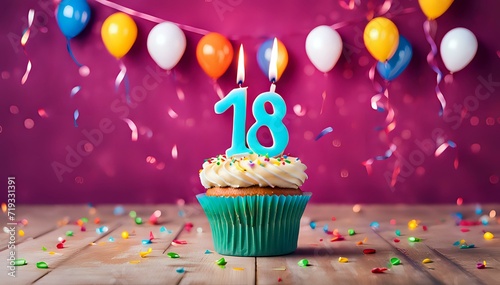Birthday cupcake with burning lit candle with number 18. Number eighteen for eighteen years or eighteenth anniversary. photo