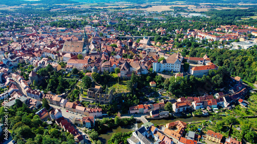 Aerial view of the old town of the city Bautzen in Germany on a late spring day around noon.