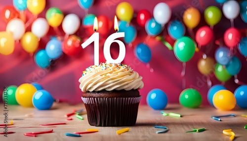 Birthday cupcake with burning lit candle with number 16. Number sixteen for sixteen years or sixteenth anniversary. photo