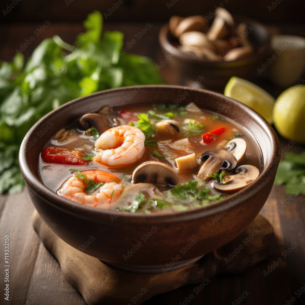 Tom Yam Kung, Prawn and lemon soup with mushrooms, Thai food in wooden bowl.