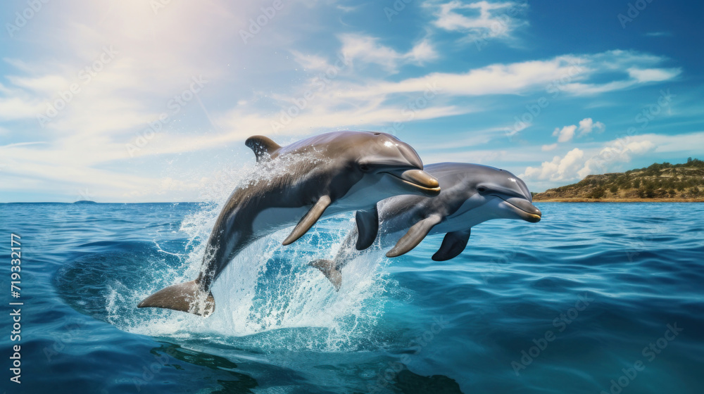 Fototapeta premium Two dolphins jumping out of the water.