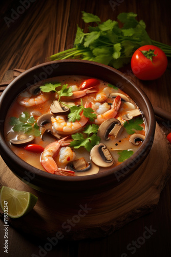 Tom Yam Kung, Prawn and lemon soup with mushrooms, Thai food in wooden bowl.