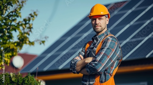 Portrait of a male european engineer in font of solar panel