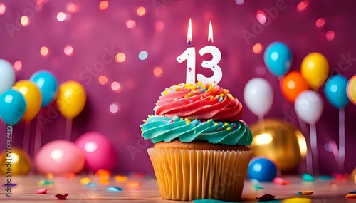 Birthday cupcake with burning lit candle with number 13. Number Thirteen for Thirteen years or thirteenth anniversary.
