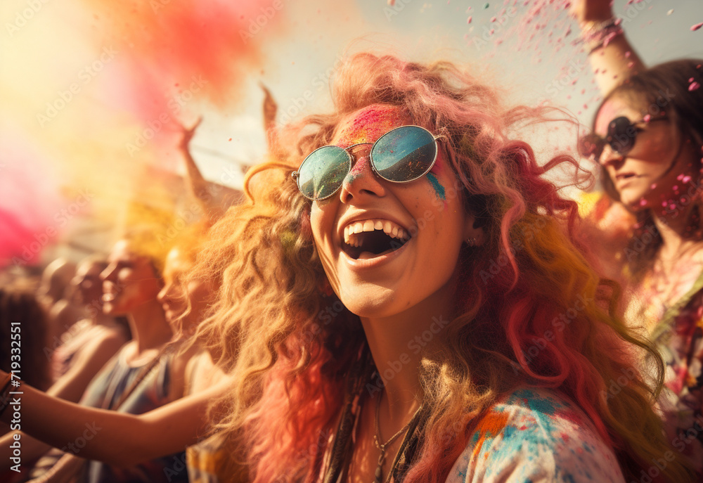 Obraz premium Crazy hipster girls. Happy youth party. Optimist. Spring vibes. positive and cheerful. colorful neon paint makeup. children with body art. Girls with colorful hair and face enjoying in the moment.