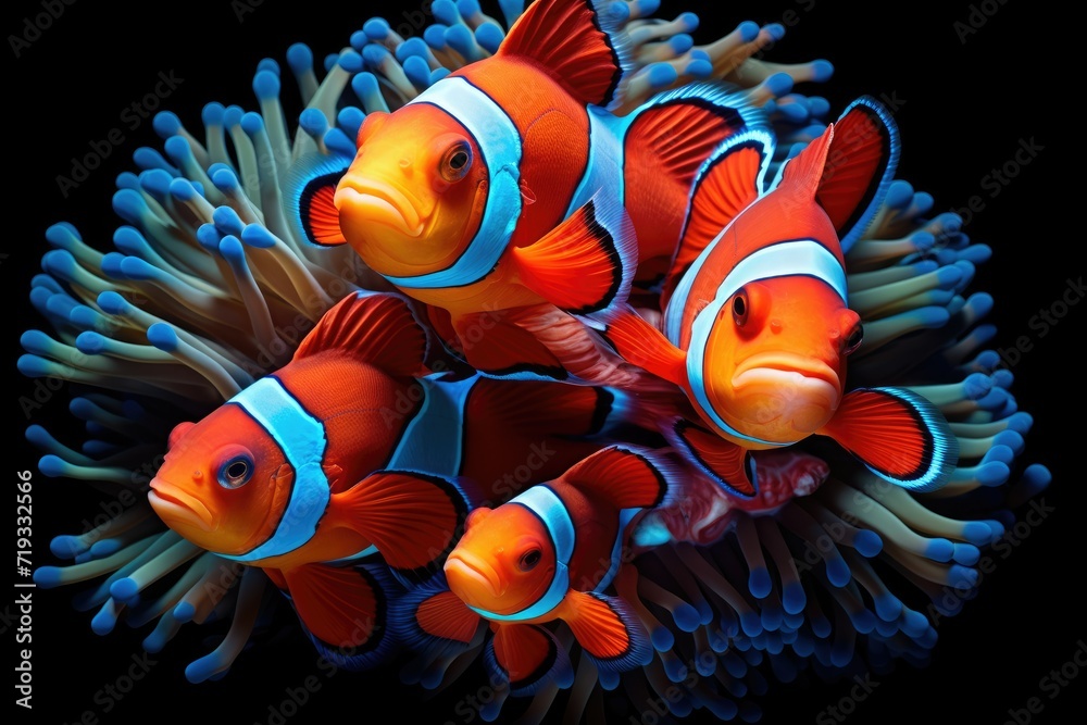 Orange clownfish hides in a beautiful anemone, Beautiful Clownfish, An image of a clownfish nestled among the tentacles of a sea anemone Ai generated - obrazy, fototapety, plakaty 