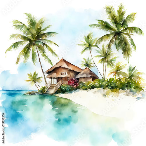 cozy house with palm trees by the sea, ocean. watercolor illustration. artificial intelligence generator, AI, neural network image. background for the design.