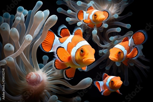 Orange clownfish hides in a beautiful anemone, Beautiful Clownfish, An image of a clownfish nestled among the tentacles of a sea anemone Ai generated