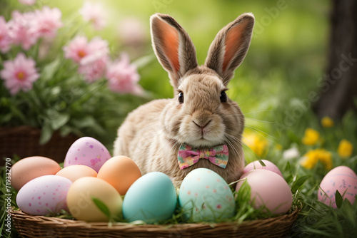 Easter bunny and easter eggs in green grass with flowers. Happy Easter. Generative AI