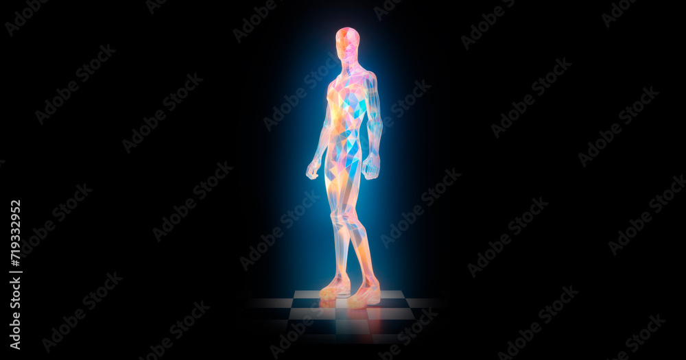An abstract human figure stands on a chessboard on a black background