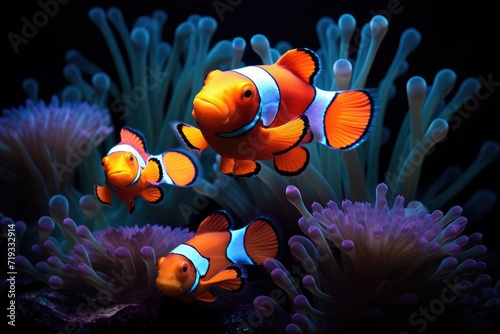 Orange clownfish hides in a beautiful anemone, Beautiful Clownfish, An image of a clownfish nestled among the tentacles of a sea anemone Ai generated