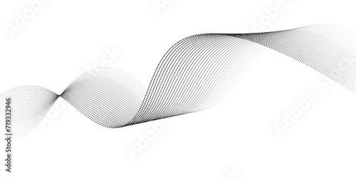 Flowing dots particles wave pattern 3D curve halftone black gradient curve shape isolated on white background. Vector in concept of technology  science  music  modern black background wave