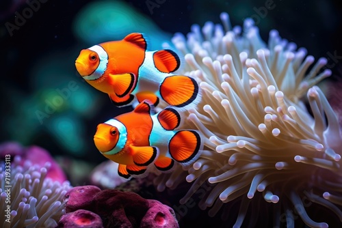 Beautiful Clownfish  An image of a clownfish nestled among the tentacles of a sea anemone Ai generated