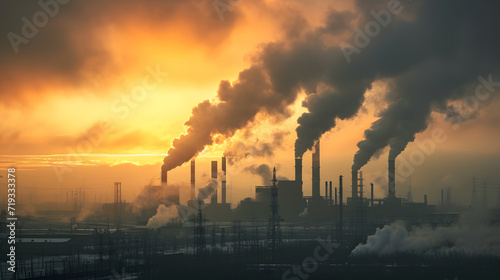 The concept of the problem of exhaust gas emissions into atmosphere by industrial enterprises. Photo shows a huge industrial plant and the amount of smoke and emissions generated during its operation.