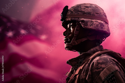 Portrait of special forces soldier in helmet against US national flag © Nataliia