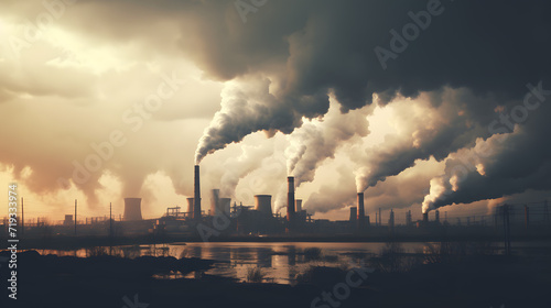 The concept of the problem of exhaust gas emissions into atmosphere by industrial enterprises. Photo shows a huge industrial plant and the amount of smoke and emissions generated during its operation.