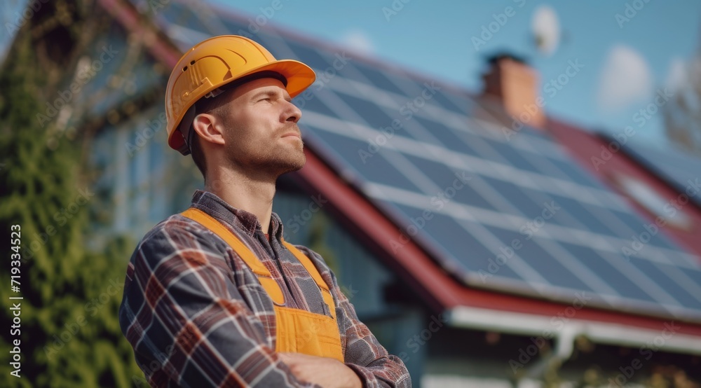Obraz premium Portrait of a male european engineer in font of solar panel
