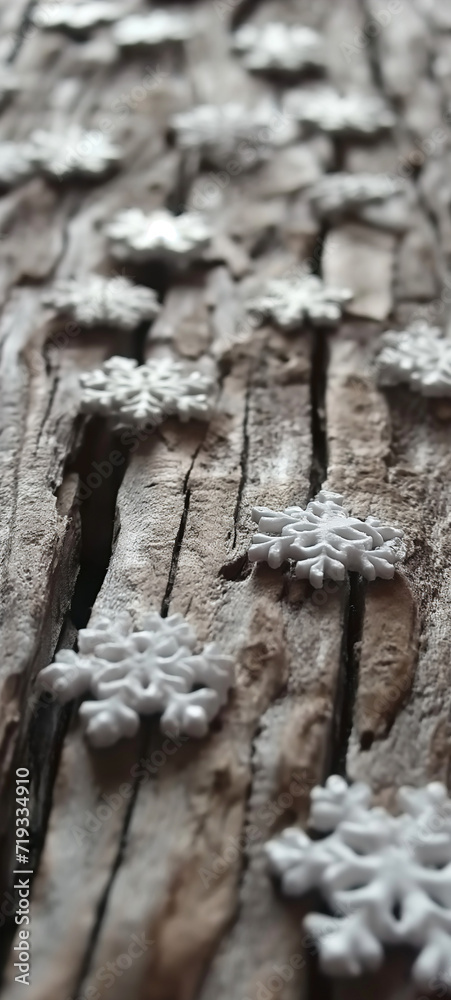 Snowflake on wood, rustic, natural and cold. 