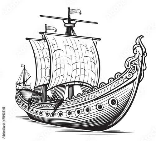 Viking ship sketch, hand drawn Vector illustration Comic