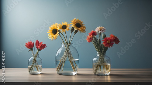 Field flowers in glass vase on wooden table against light blue wall background