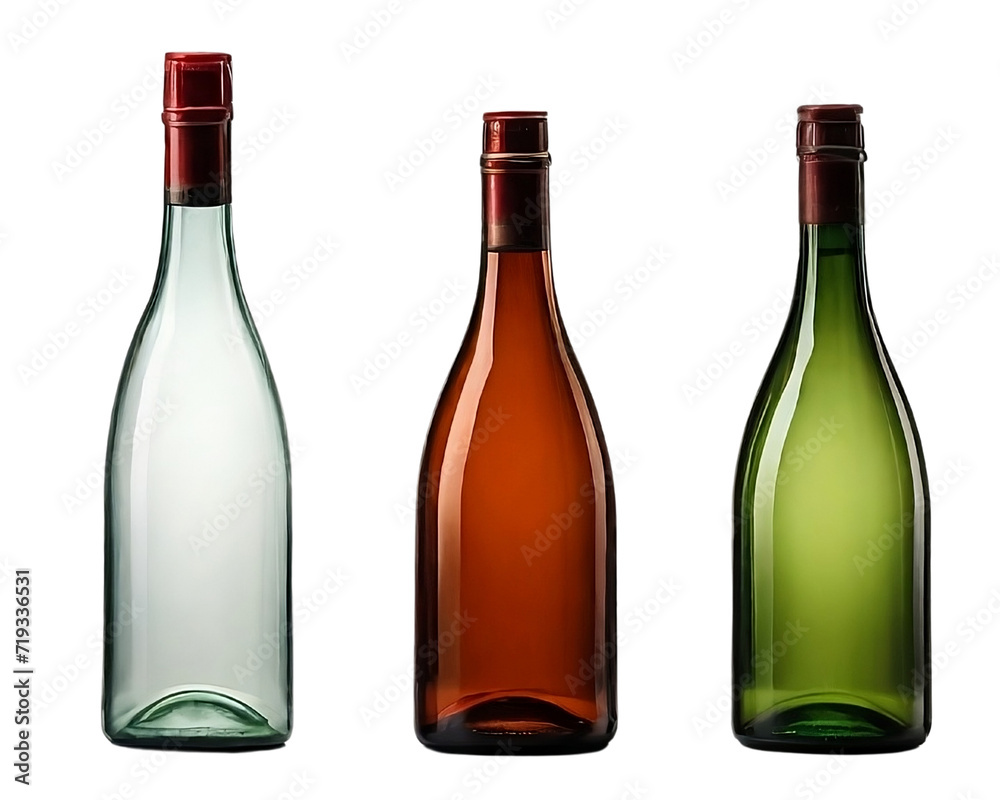 Glass Bottles Set: White, Red, Green Color Bottles on Transparent Background Glass Bottles Set: White, Red, Green Color Bottles on Transparent Background