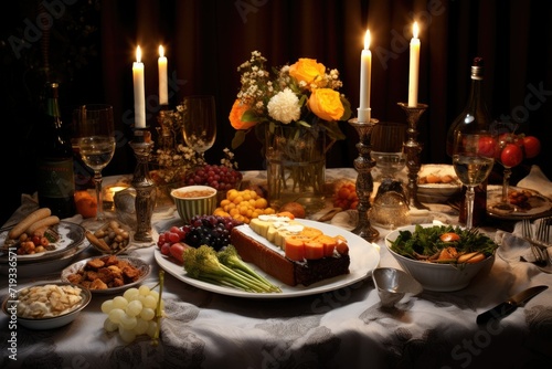 Dinner table decoration with verities food , Delicious holiday food on dinner table AI generated © Tanu