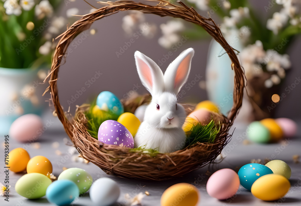 Easter composition with a white bunny in a wicker basket, colorful eggs, and spring flowers on a blurred background. Easter composition with a white bunny in a wicker basket, colorful eggs, and spring flowers on a blurred background.