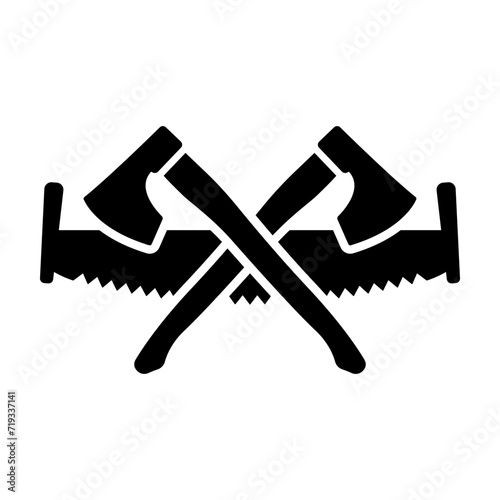 Crossed axes and two-handed saw icon. Black silhouette. Front side view. Vector simple flat graphic illustration. Isolated object on a white background. Isolate.