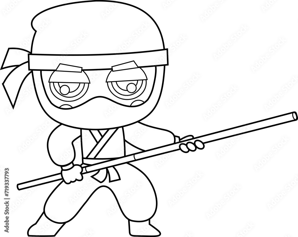 Outlined Cute Ninja Boy Warrior Cartoon Character In Action With Wooden