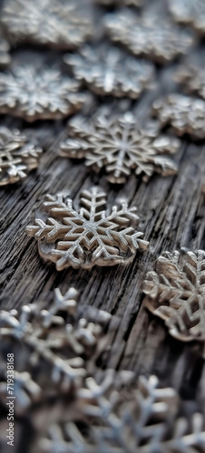 Snowflake on wood, rustic, natural and cold. 
