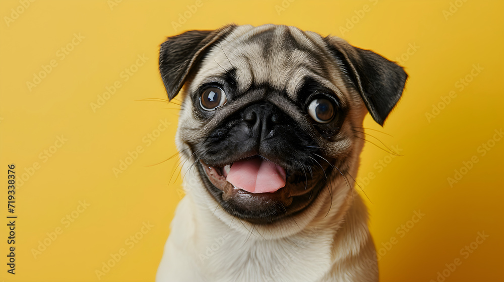 Pug dog isolated on yellow background with copy space. Close up portrait of happy smiling pug face head looking at the camera. Banner for pet shop. Pet care and animals concept for poster, print, card