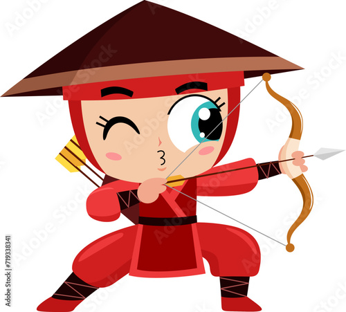 Cute Ninja Girl Warrior Cartoon Character With Bow And Arrow. Vector Illustration Flat Design Isolated On Transparent Background
