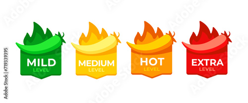 Set of vector icons of Hot spicy level in cartoon flat style.
