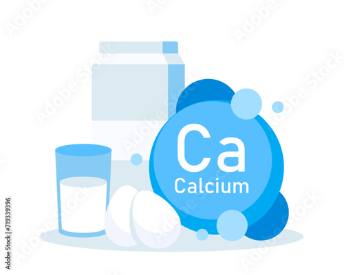 Vector illustration on the theme of calcium mineral and food containing calcium in cartoon flat style.