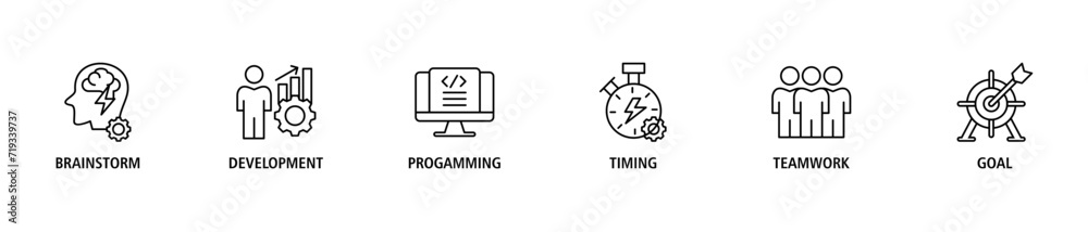 Hackathon banner web icon set vector illustration concept for design sprint-like social coding event with icon of brainstorm, development, programming, timing, speed, teamwork, and goal