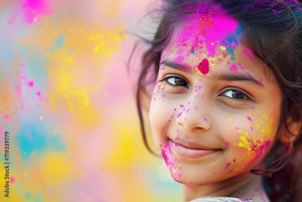 Close up of happy indian girl on holi festival