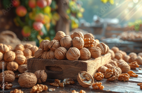 Walnuts in wooden bowl on table with apples. Group of nuts are on a table, in the style of kerem beyit