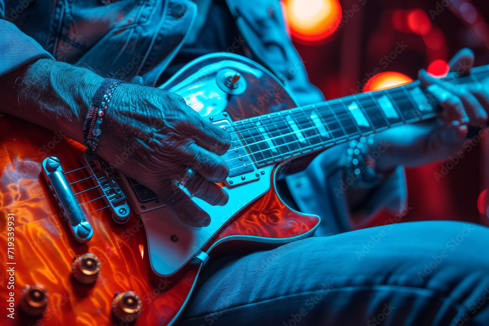 Obraz premium Rock musician plays the electric guitar on stage