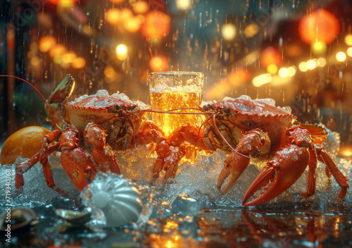 Crabs and beer on the table photo