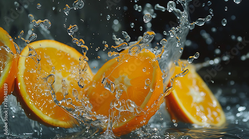  a group of orange slices falling into a glass of wate